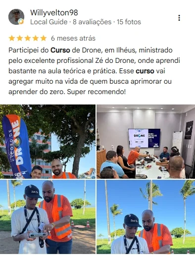 Avaliação 5 estrelas de Willyvelton98 no Google: participou do curso em Ilhéus, aprendeu bastante na aula teórica e prática e recomenda para quem busca aprimorar ou aprender do zero.