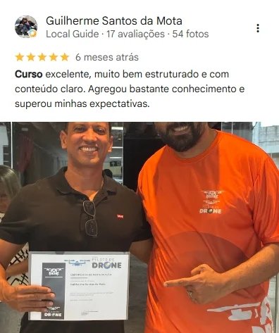 Avaliação 5 estrelas de Guilherme Santos da Mota no Google: curso excelente, bem estruturado, com conteúdo claro, que superou suas expectativas.